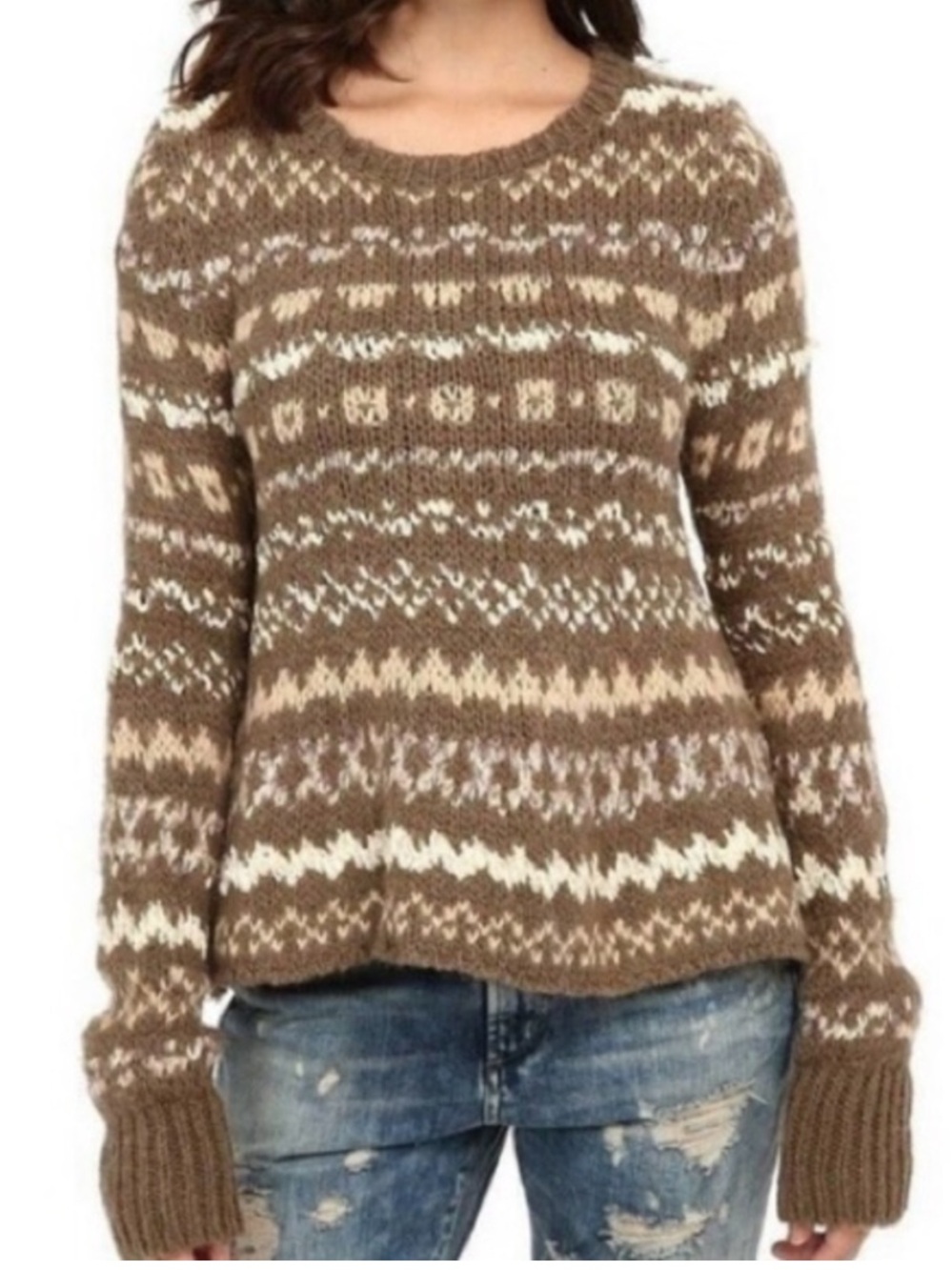 FREE PEOPLE “Through The Storm" Brown Fair Isle Print Sweater S